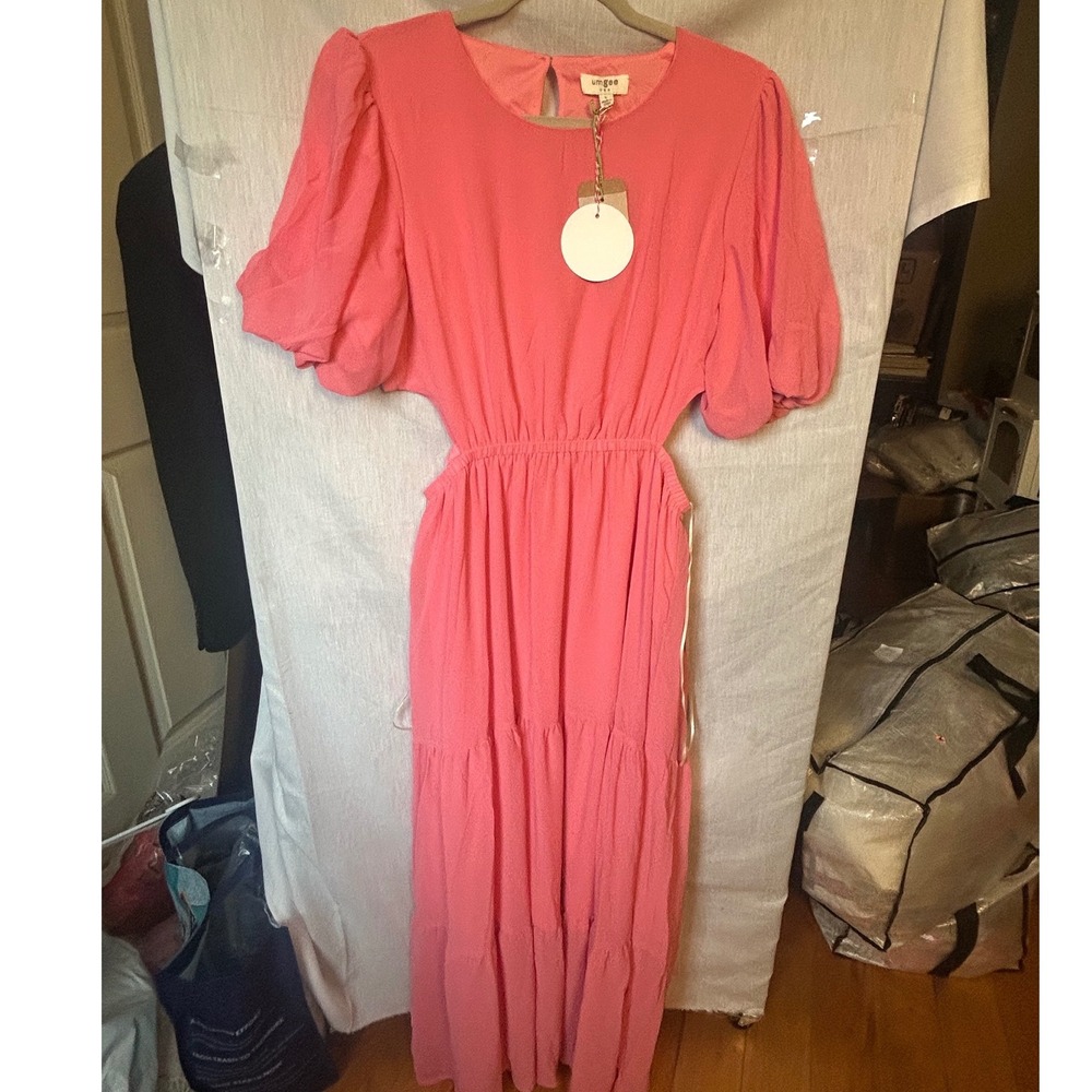 Umgee USA Coral Pink Puff Sleeve Cutout Tiered Maxi Dress Women Large NEW